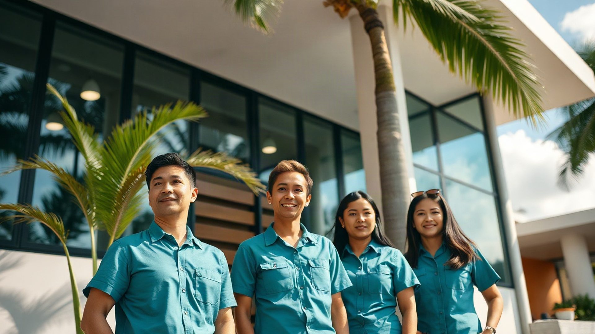Equipe da Canvasfieldx em uniforme teal em frente a um edifício moderno de Fortaleza