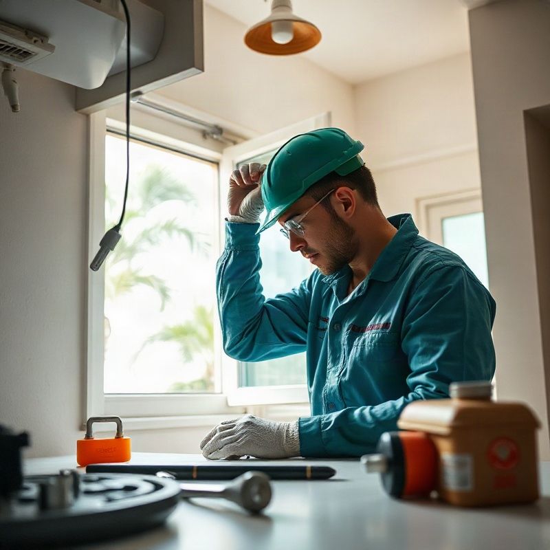 Técnico de uniforme teal executando reparo interno em apartamento de Fortaleza