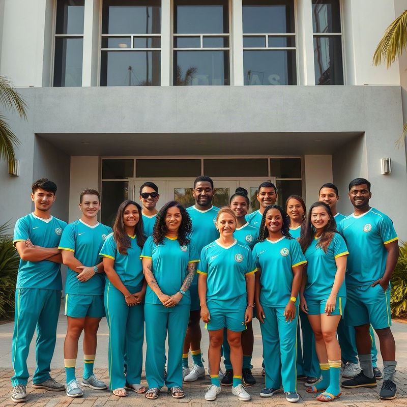 Retrato da equipe da Canvasfieldx em uniforme teal diante de fachada modernista em Fortaleza